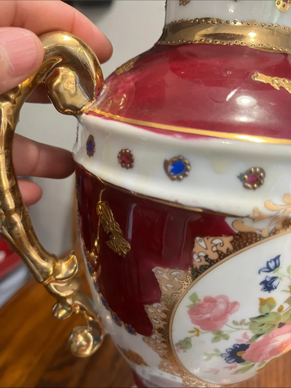 Vintage Red and Gold Porcelain Floral Vase - Picture 7 of 10